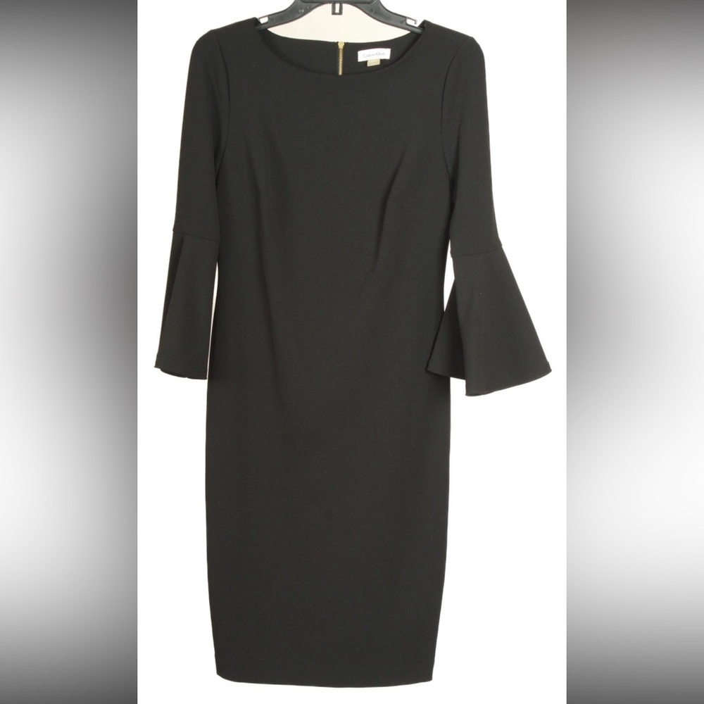 Calvin Klein Dress Women’s 6 Black Sheath 3/4 Bell Sleeve Stretch Exposed Zipper